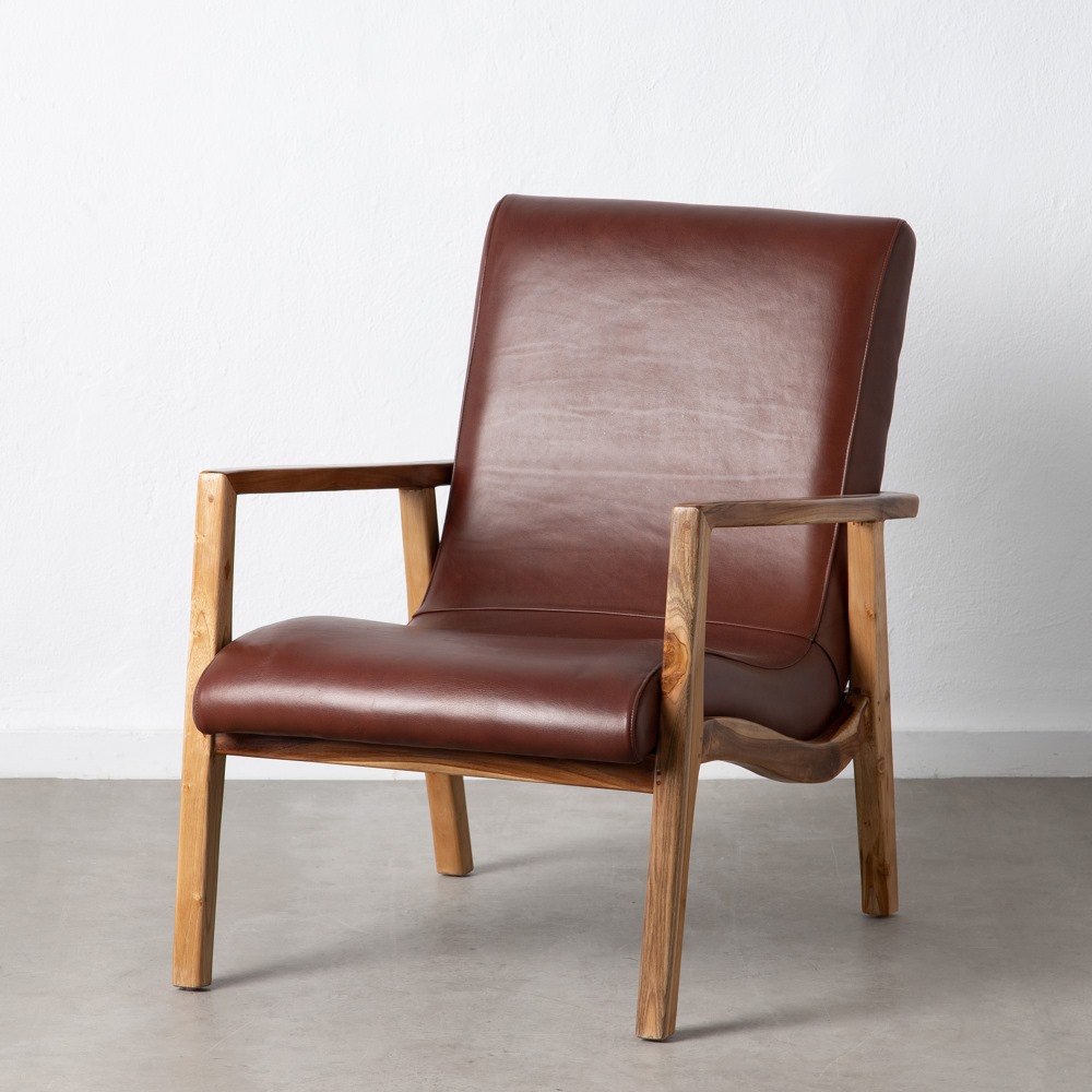 SILLÓN MARRÓN MADERA TECA-PIEL SALÓN 65 X 76 X 83 CM